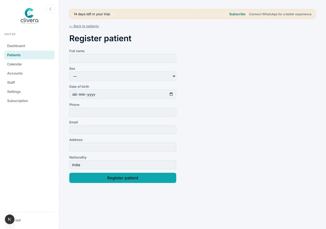 Clivera "Register patient" form with fields for full name, sex, date of birth, phone, email, address, and nationality