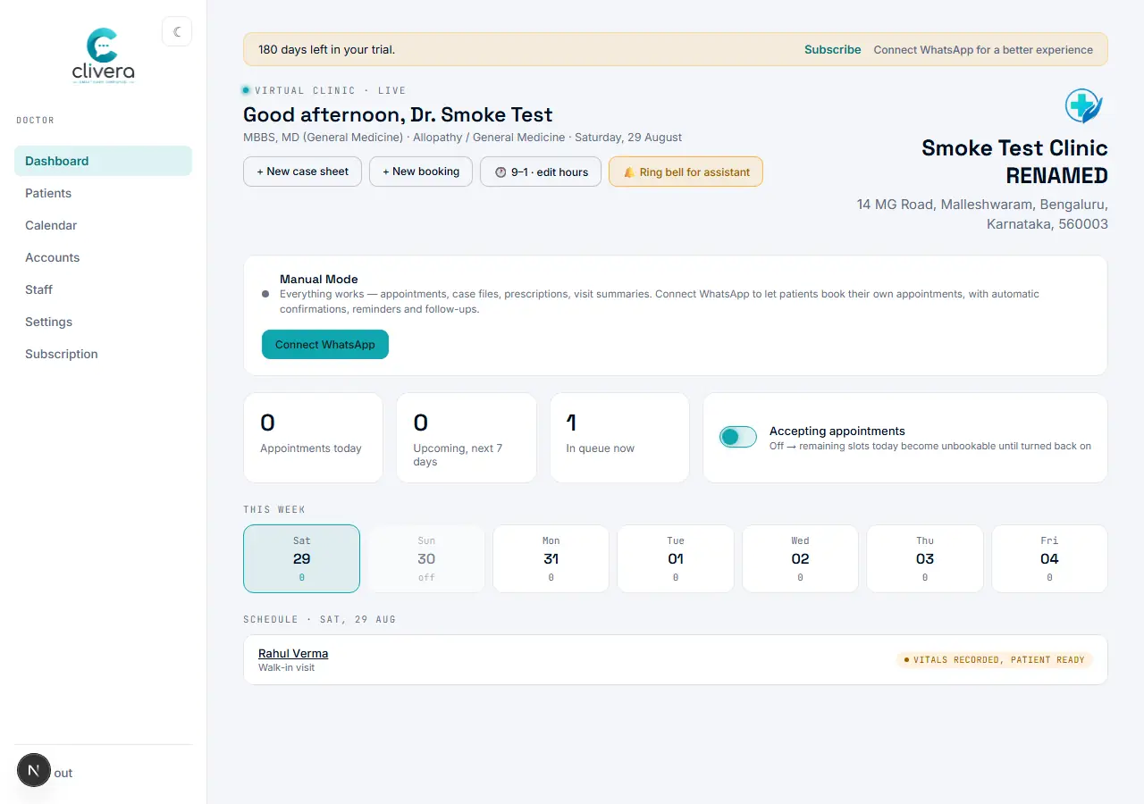Clivera doctor dashboard showing a patient's row with a "VITALS RECORDED, PATIENT READY" status pill, plus a "Ring bell for assistant" button
