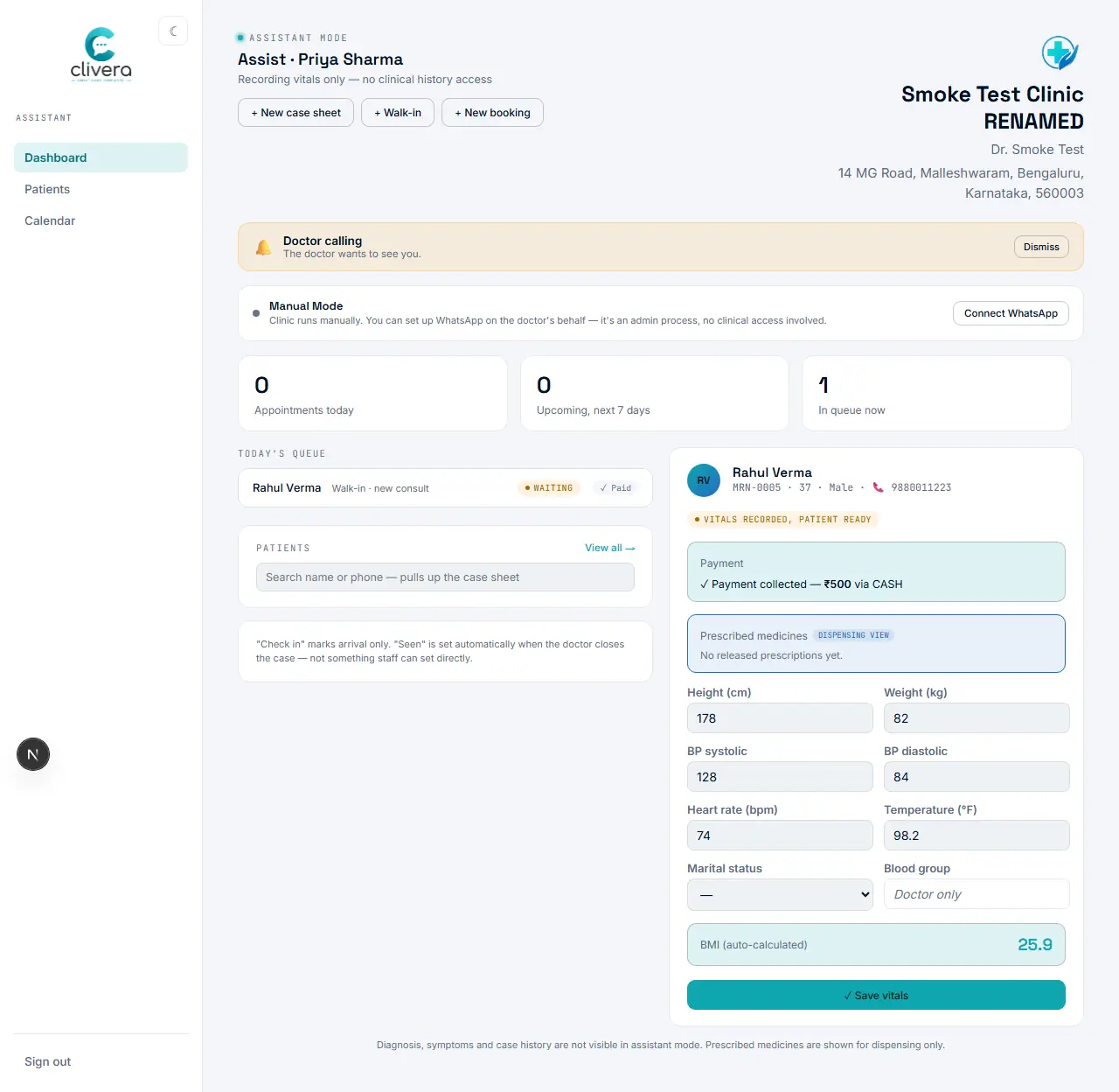 Clivera Assist dashboard showing an amber "Doctor calling — The doctor wants to see you" banner with a Dismiss button