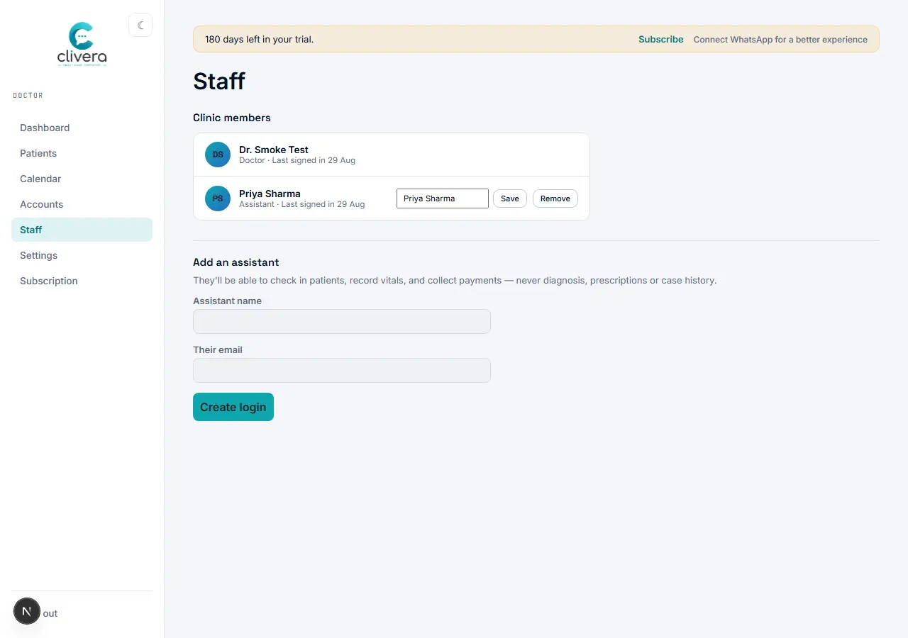 Clivera Staff page listing the clinic's doctor and assistant, with a note that an assistant can check in patients, record vitals, and collect payments — never diagnosis, prescriptions, or case history